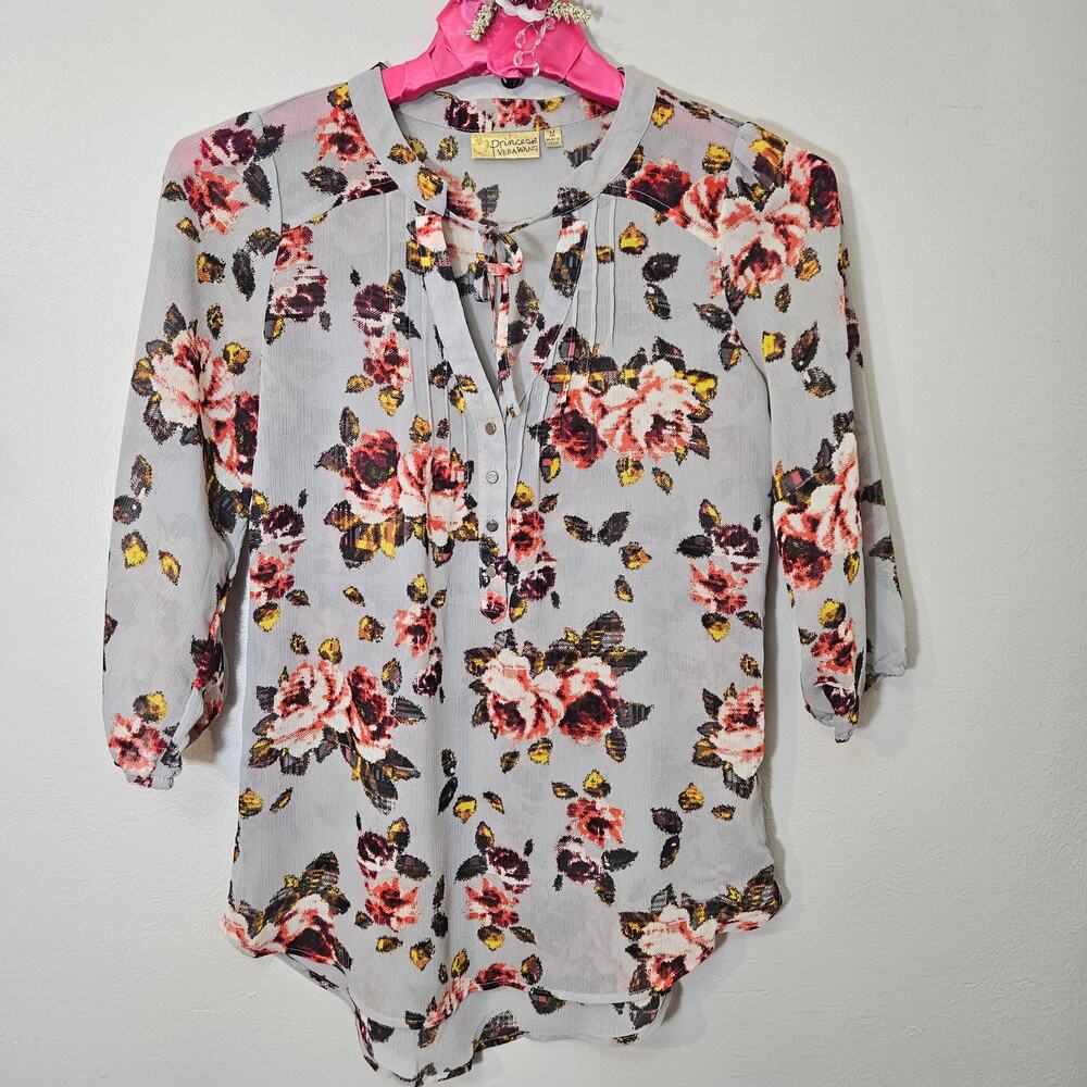 Princess Vera Wang Floral Henley Blouse Women's M Boho Chic Sheer